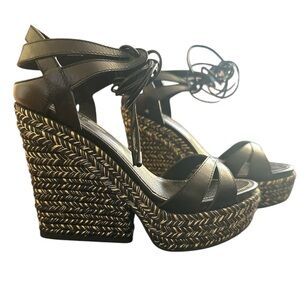 Sergio Rossi Bilbao Black Leather Espadrille Wedge Sandals Size EU 35.5 NEW $875